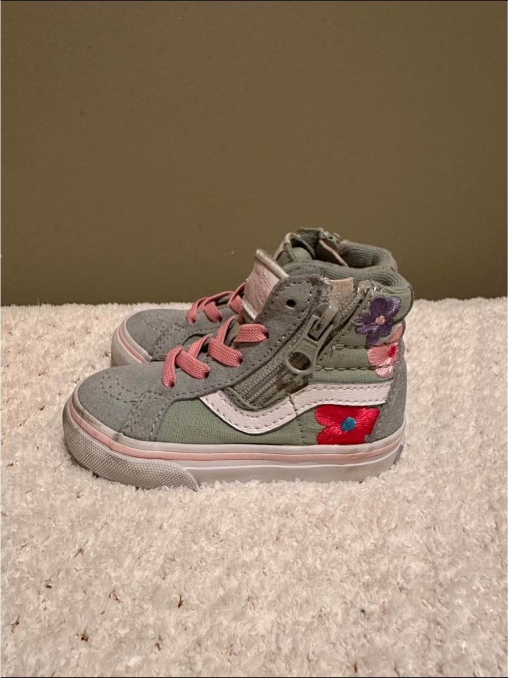Vans Toddler High-Top Floral Skate Shoes - Gray with Pink Embroidery
